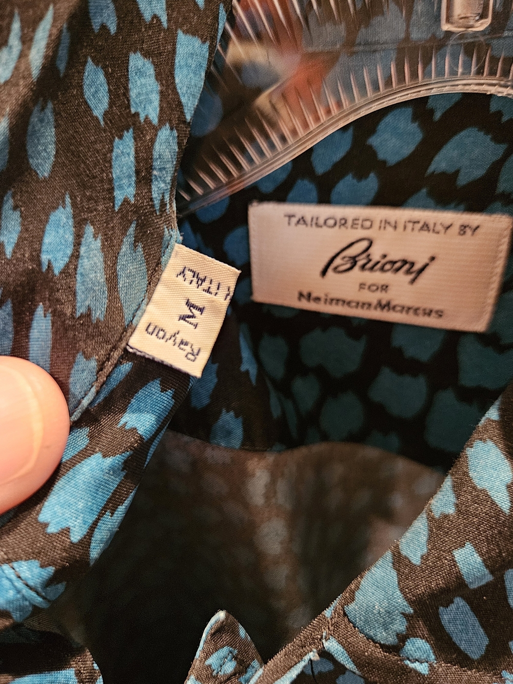 Vintage Brioni for Neiman Marcus Blue/Aqua & Black Patterned Rayon Shirt-M